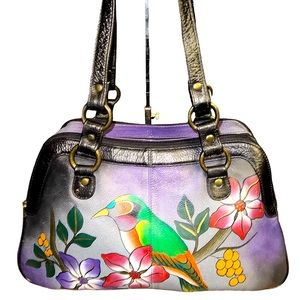 Women's Anuschka Leather Hand Painted "Bird on Branch" Shoulder Handbag, EUC